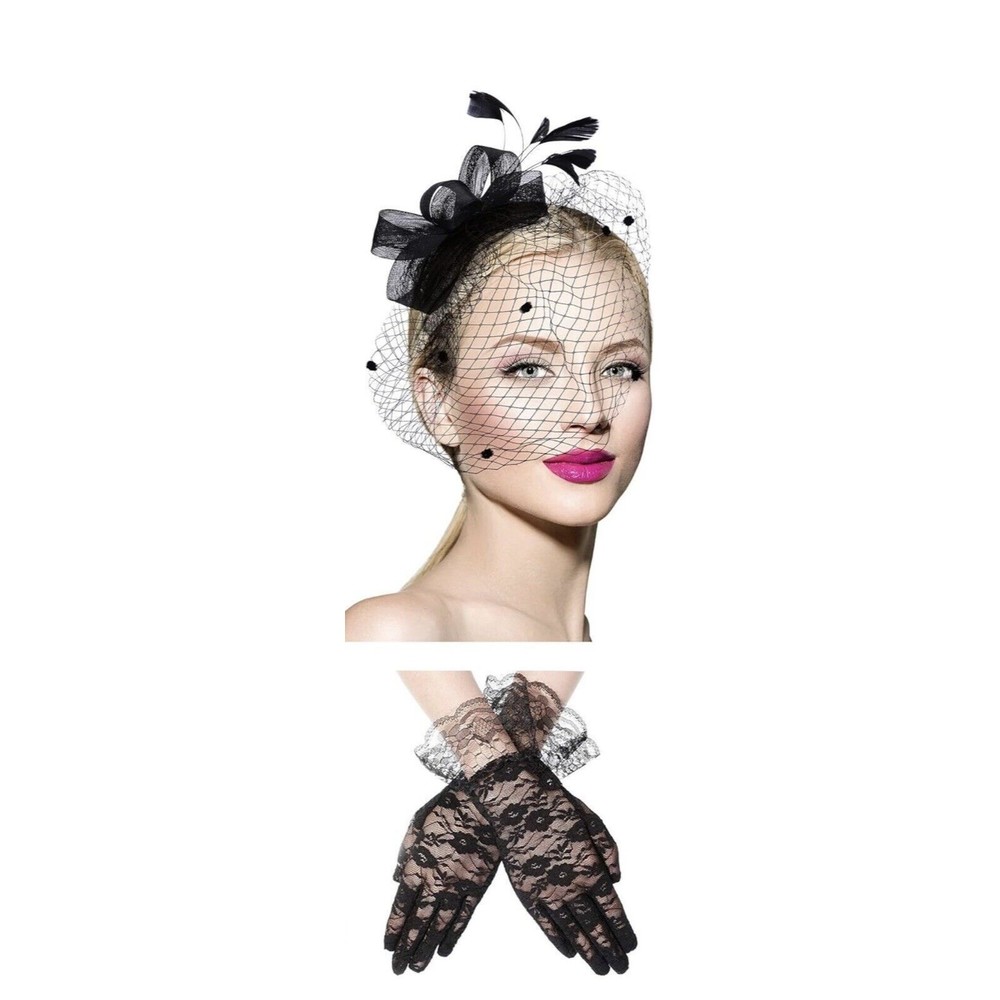 2 Pc Black Feather Fascinator Hat/Gloves Hair Clip Wedding Tea Cocktail Party